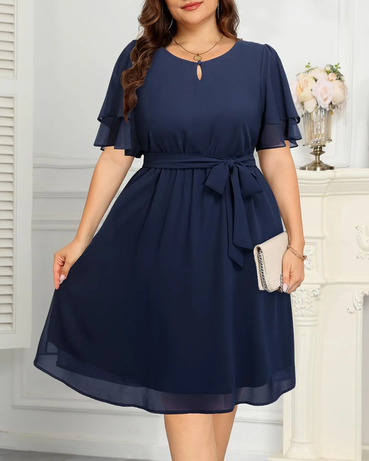 Pinup Fashion Plus Size Dresses for Wedding Guest - Semi Formal Cocktail Chiffon Keyhole Neck Knee Length Dress