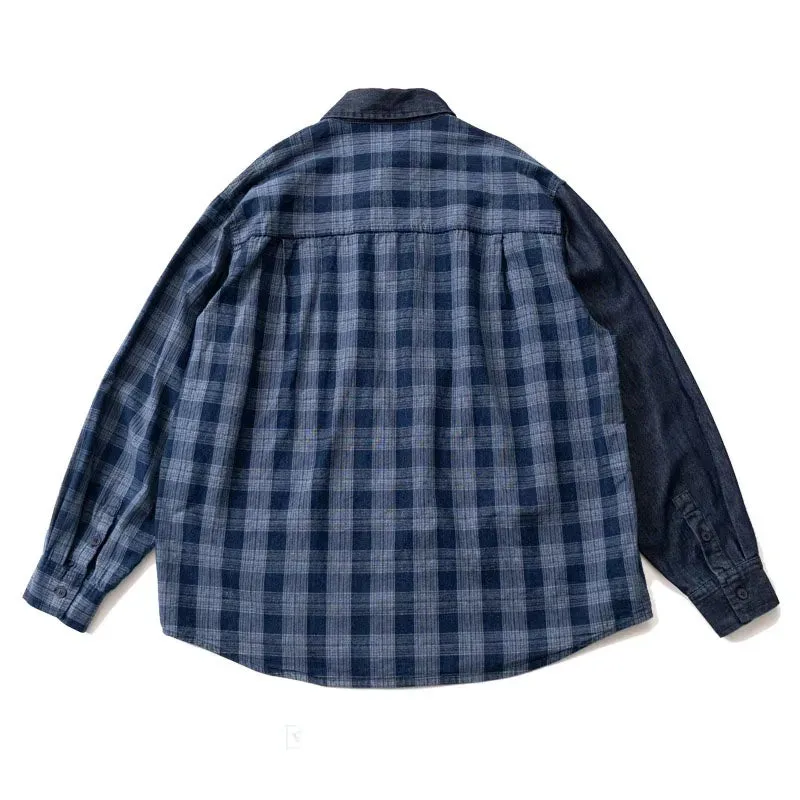 Plaid & Denim Patchwork Long Sleeved Shirt Coat