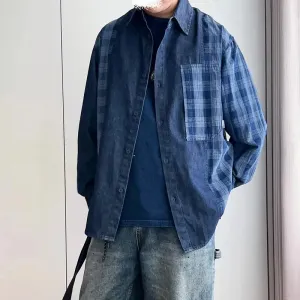 Plaid & Denim Patchwork Long Sleeved Shirt Coat