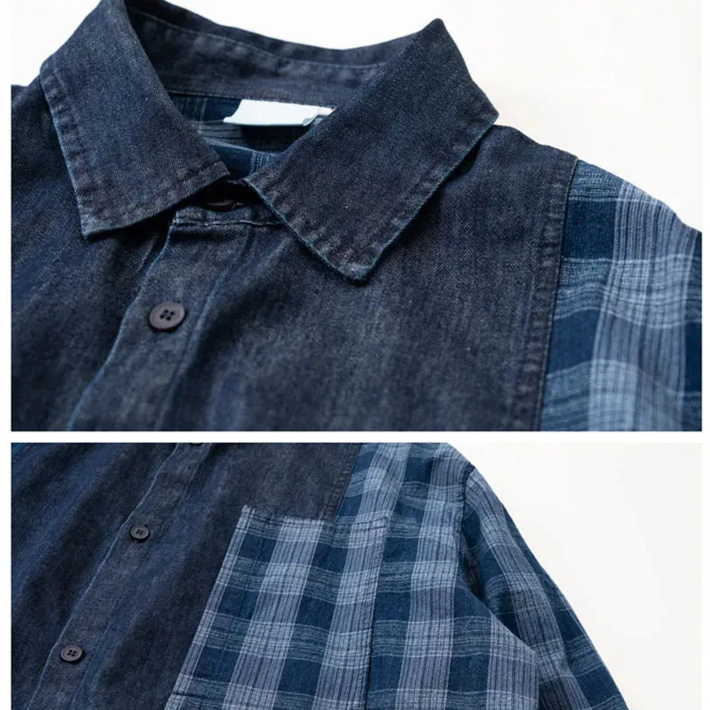 Plaid & Denim Patchwork Long Sleeved Shirt Coat