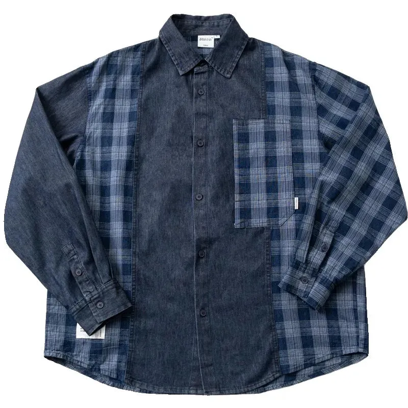 Plaid & Denim Patchwork Long Sleeved Shirt Coat