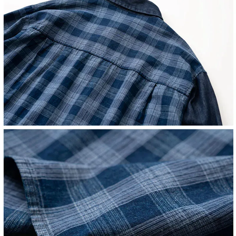 Plaid & Denim Patchwork Long Sleeved Shirt Coat