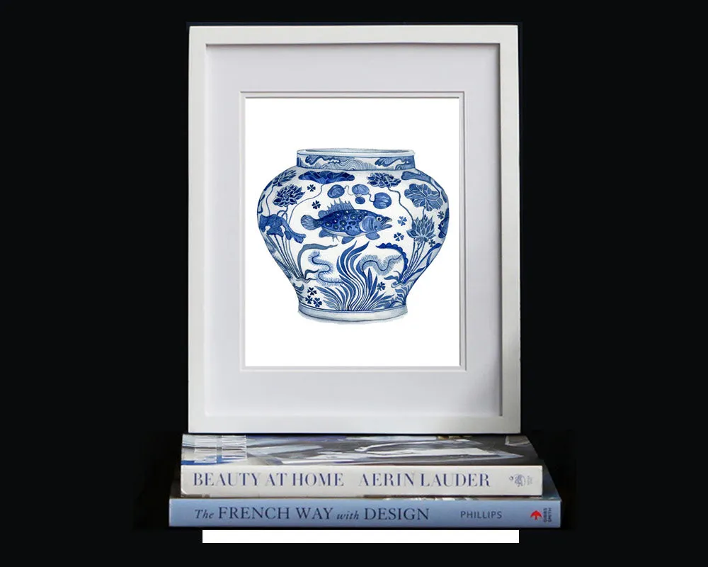 Print of Blue and white porcelain 'fish' jar Yuan dynasty, mid 14th century
