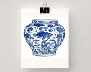 Print of Blue and white porcelain 'fish' jar Yuan dynasty, mid 14th century