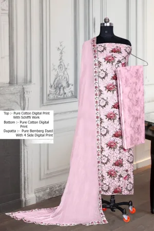 Printed Women Unstitched Pink Cotton Suit with Dupatta