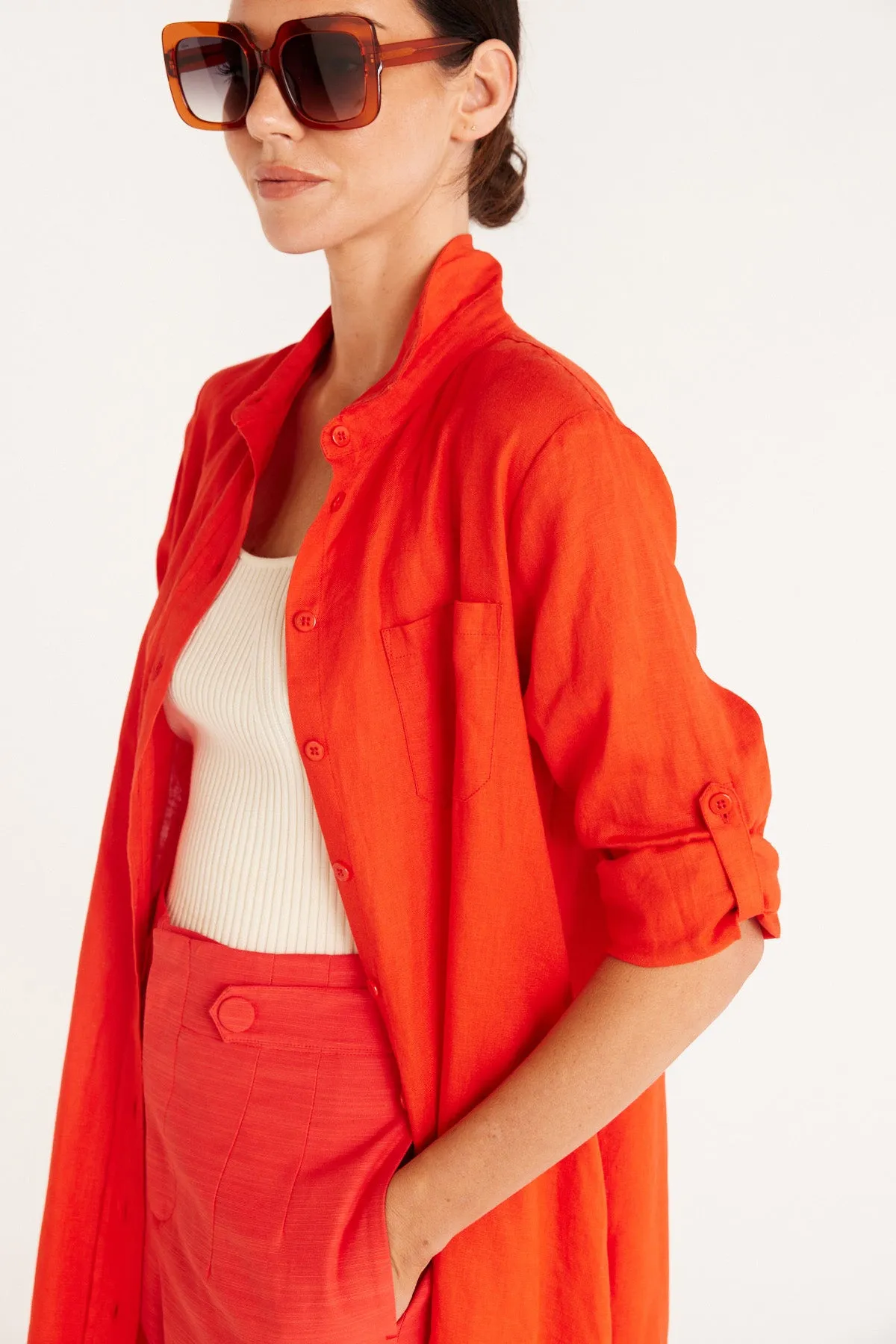 Pure Linen Shirt Dress - Cayenne