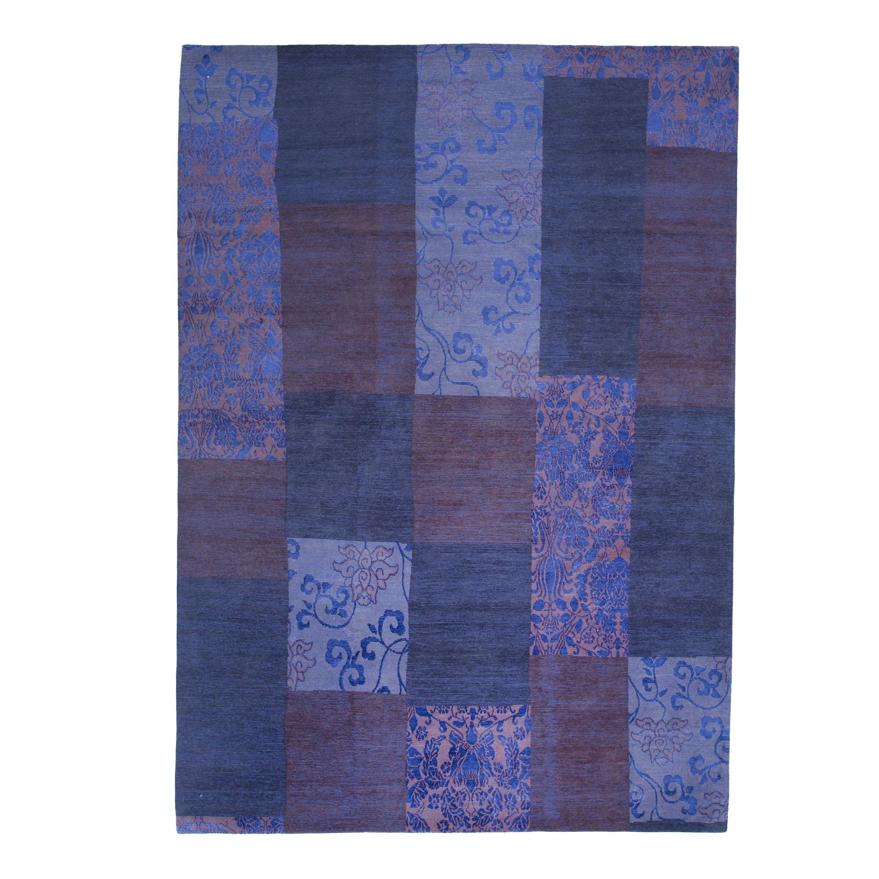 Purple Patchwork Contemporary Wool Silk Blend Rug - 10' x 14'2