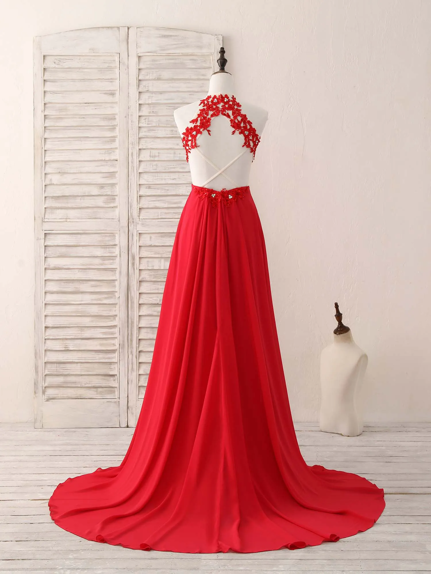 Red Hight Neck Chiffon Lace Applique Long Prom Dress, Red Formal Dress