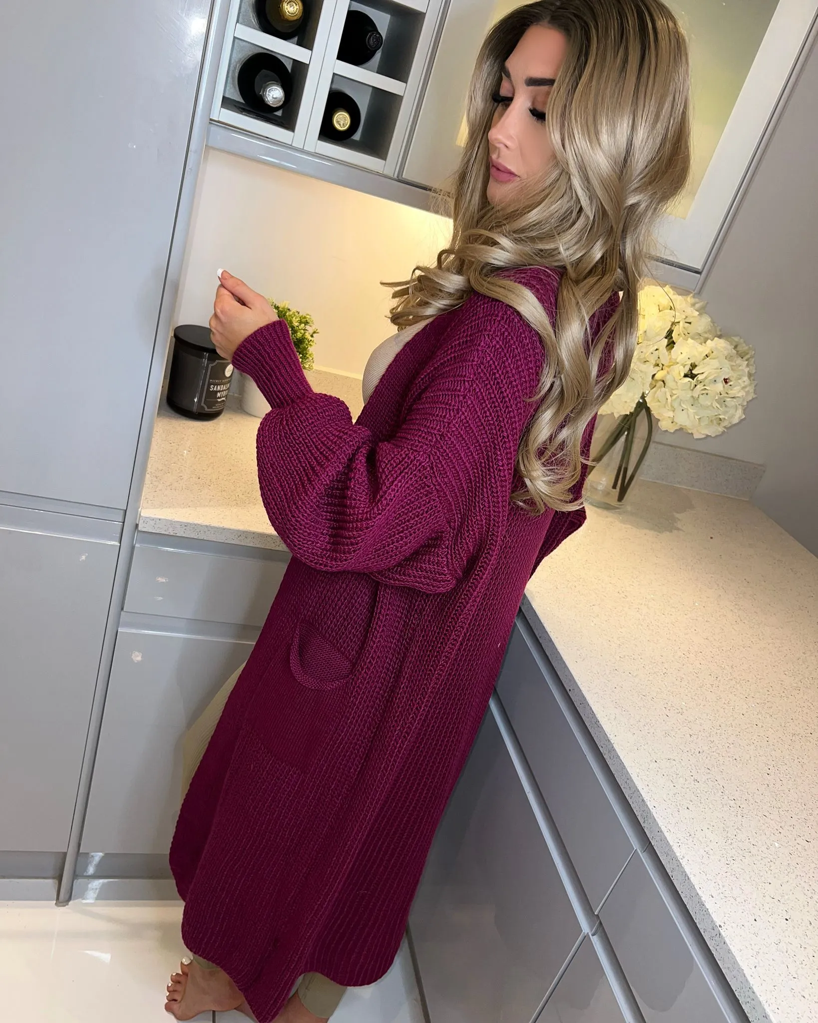 'Riley' Wine Longline Ballon-Sleeve Knitted Cardigan