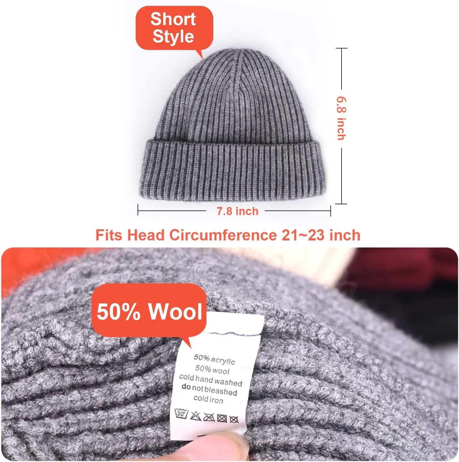ROYBENS 2 Pack Wool Fisherman Beanies for Men, Knit Short Watch Cap Winter Warm Hats