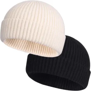 ROYBENS 2 Pack Wool Fisherman Beanies for Men, Knit Short Watch Cap Winter Warm Hats