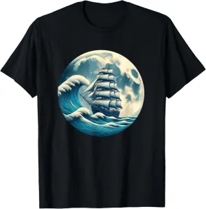 Sailing Ship on Ocean and Waves Underon T-Shirt