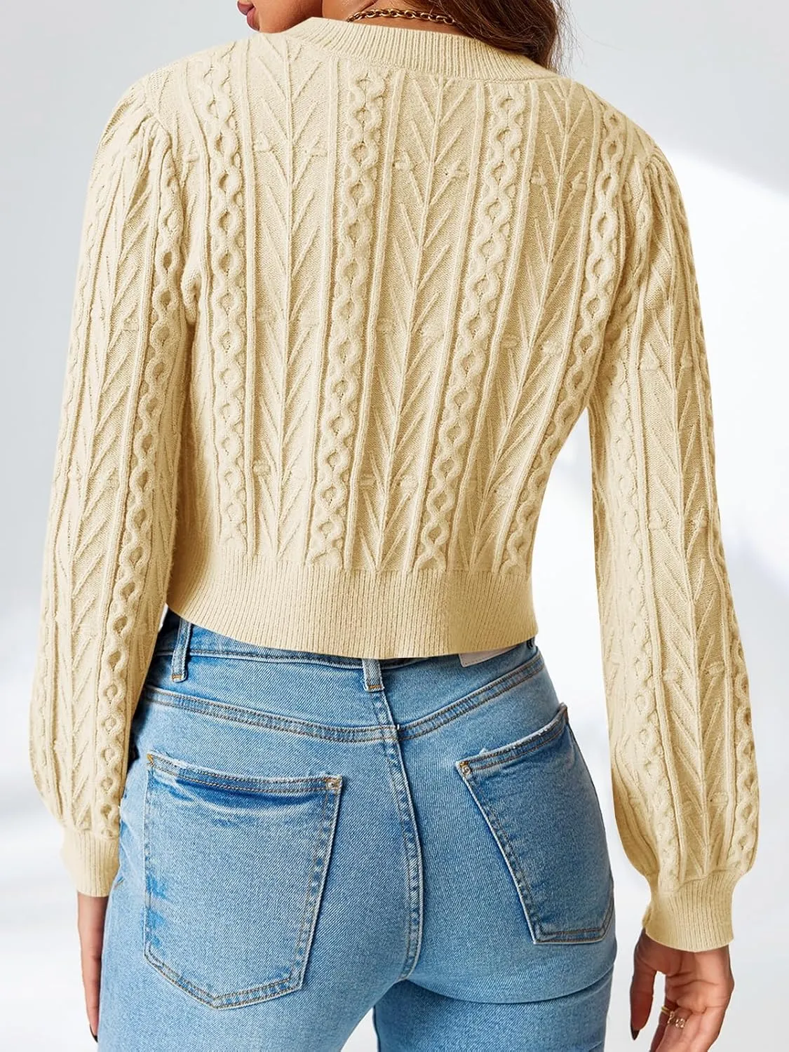 Saodimallsu Womens Cropped Cable Knit Cardigan Sweaters Long Sleeve Bow Tie Front Crew Neck Chunky Sweater Tops