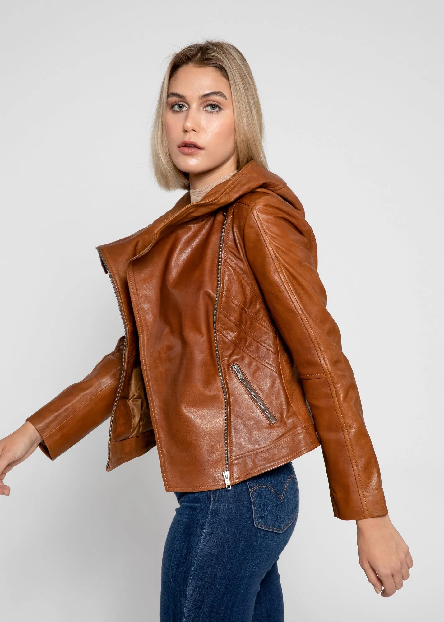 Sasha High Fashion Womens Hooded Leather Jacket