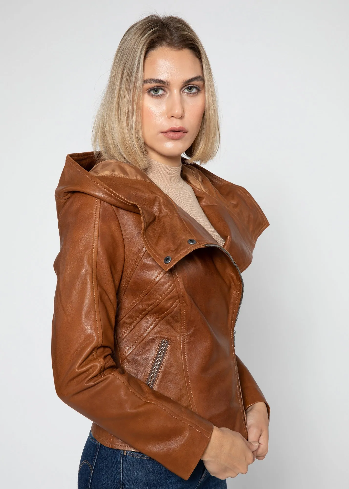 Sasha High Fashion Womens Hooded Leather Jacket