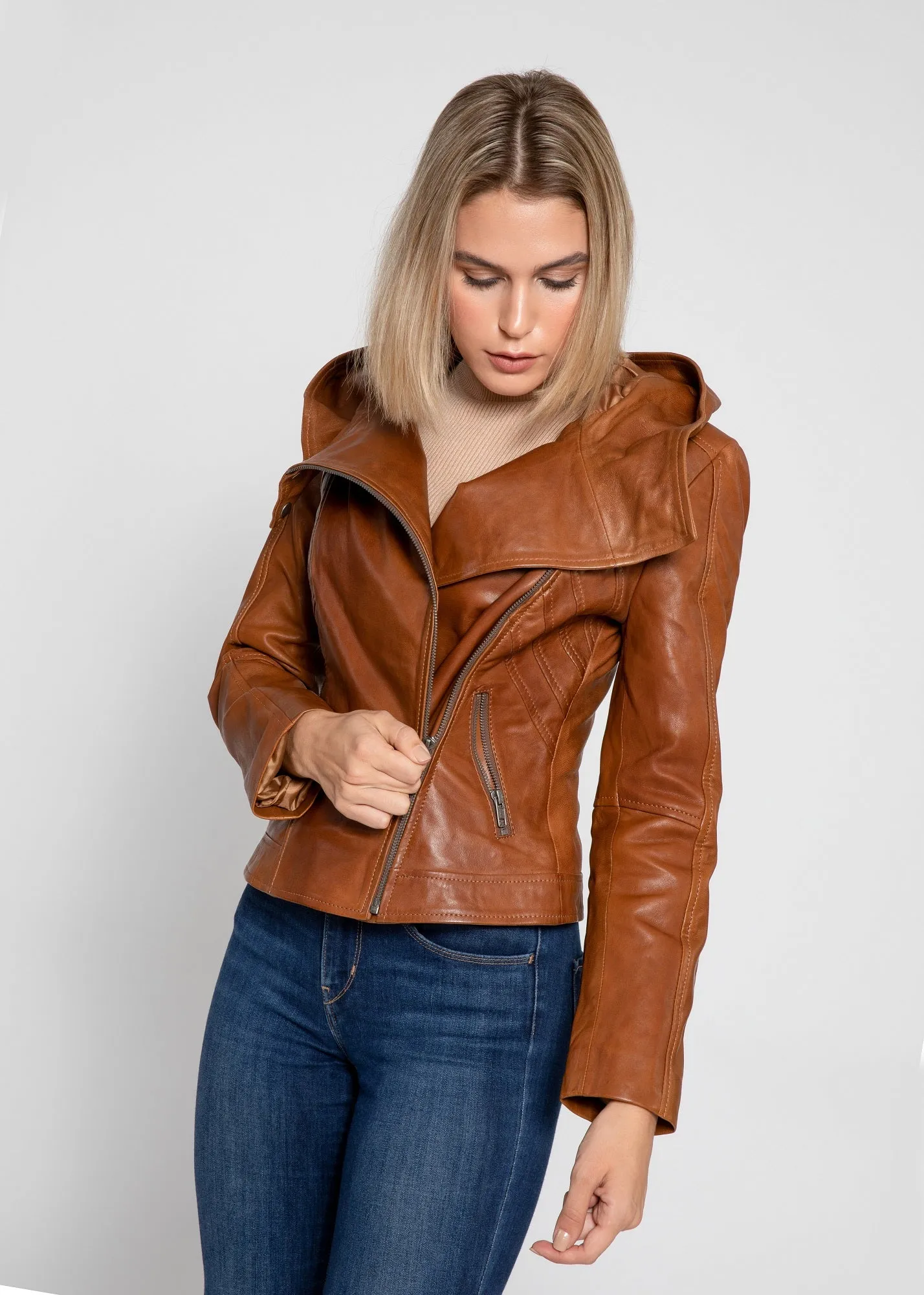 Sasha High Fashion Womens Hooded Leather Jacket