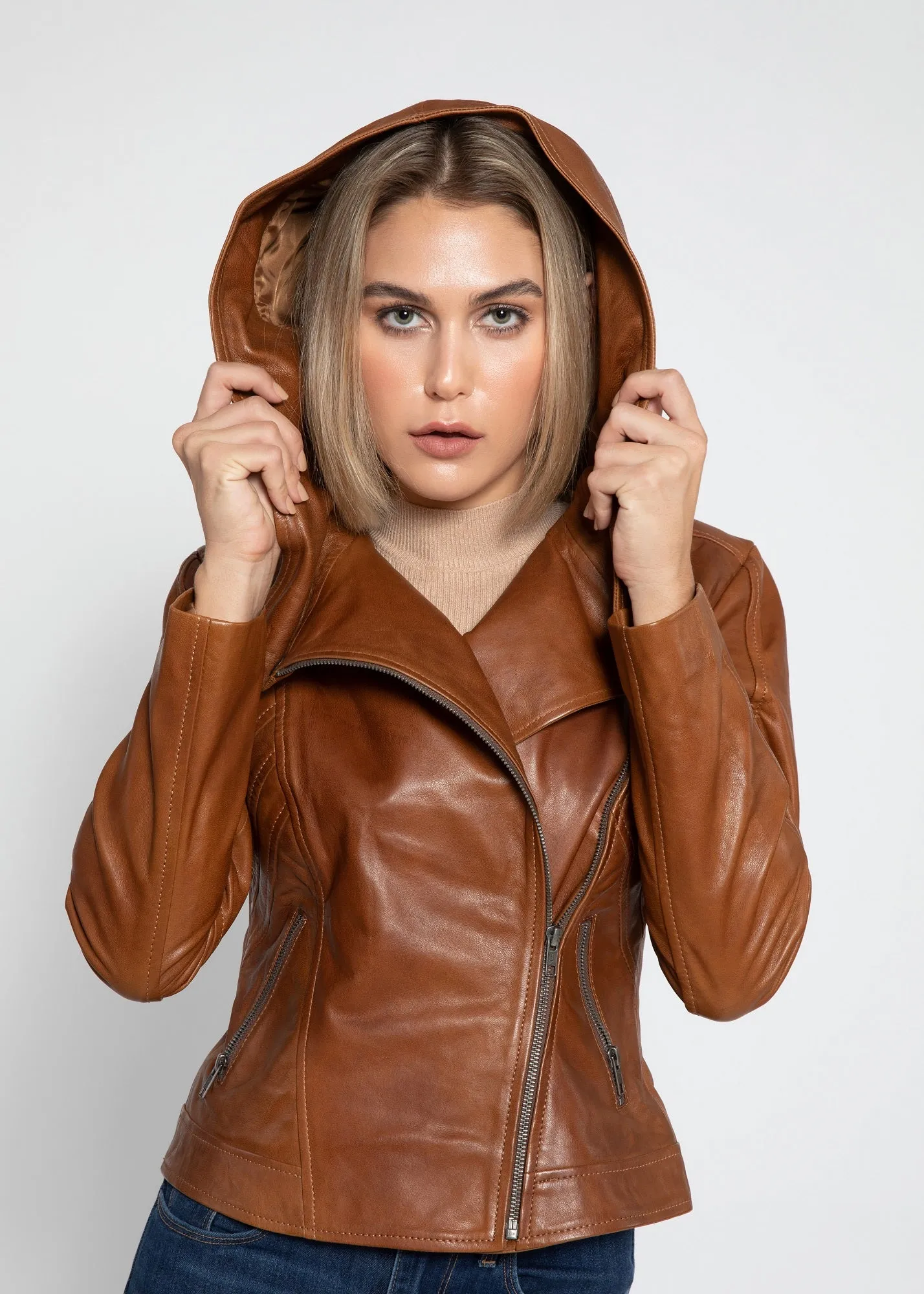 Sasha High Fashion Womens Hooded Leather Jacket