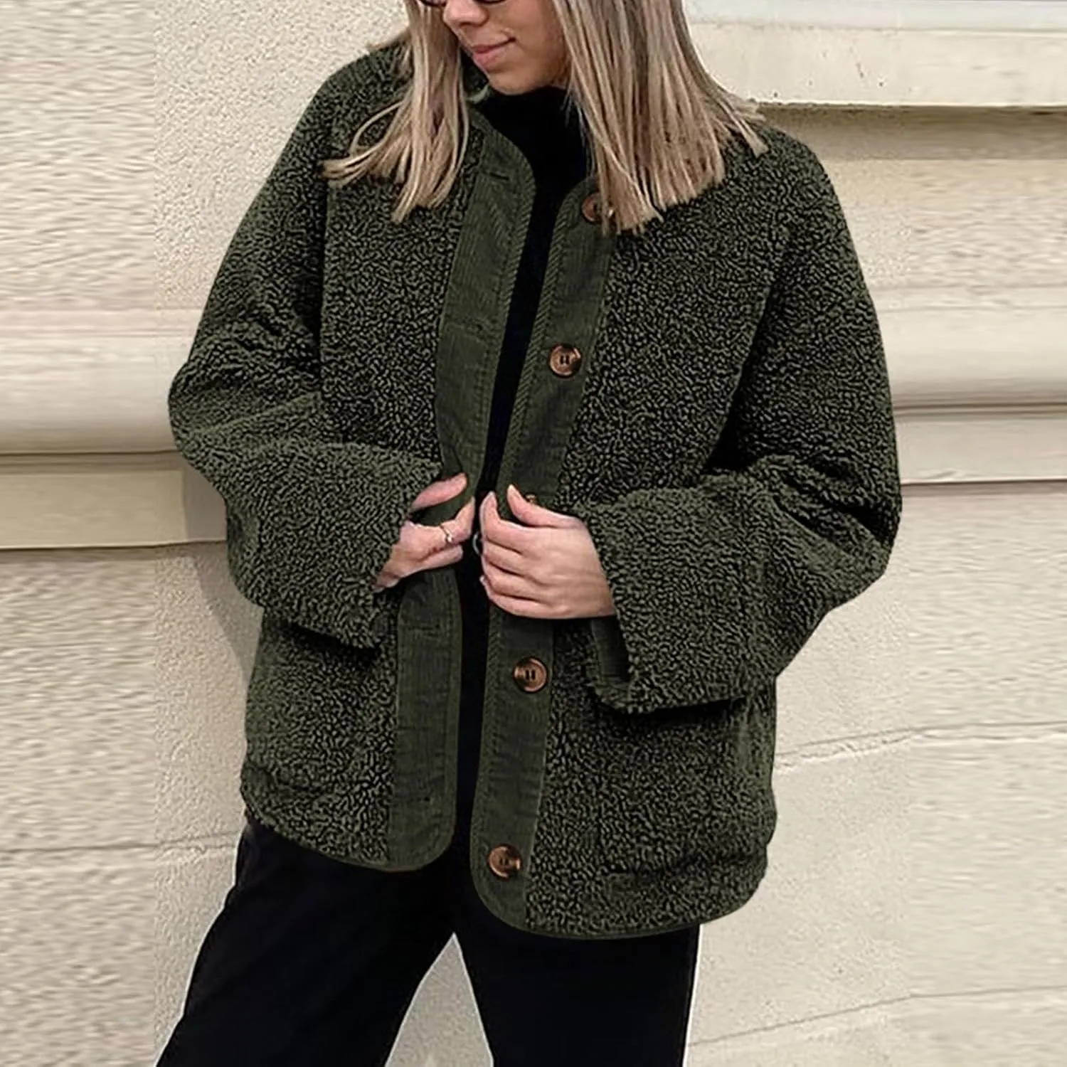 Sherpa Jacket Women Fuzzy Open Front Button Up Cardigans Oversized Fleece Jacket Warm Winter Coats with Pocket Outwear