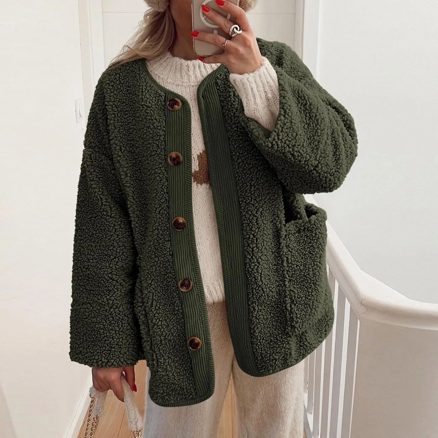 Sherpa Jacket Women Fuzzy Open Front Button Up Cardigans Oversized Fleece Jacket Warm Winter Coats with Pocket Outwear