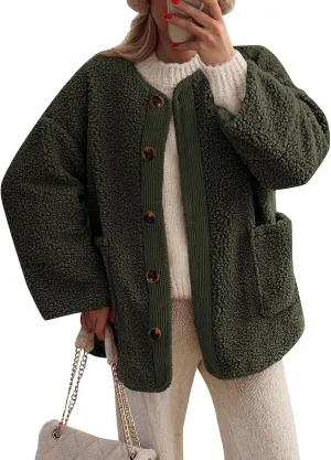 Sherpa Jacket Women Fuzzy Open Front Button Up Cardigans Oversized Fleece Jacket Warm Winter Coats with Pocket Outwear