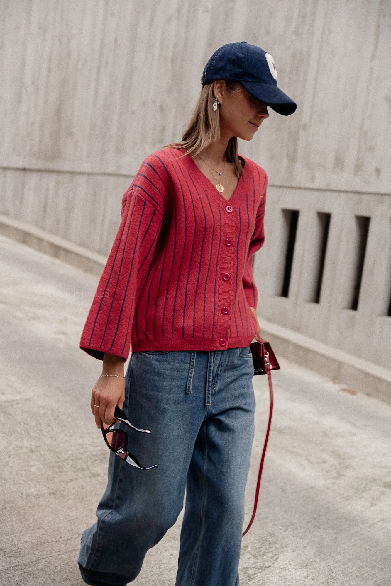 Smiley cardigan red/navy stripes