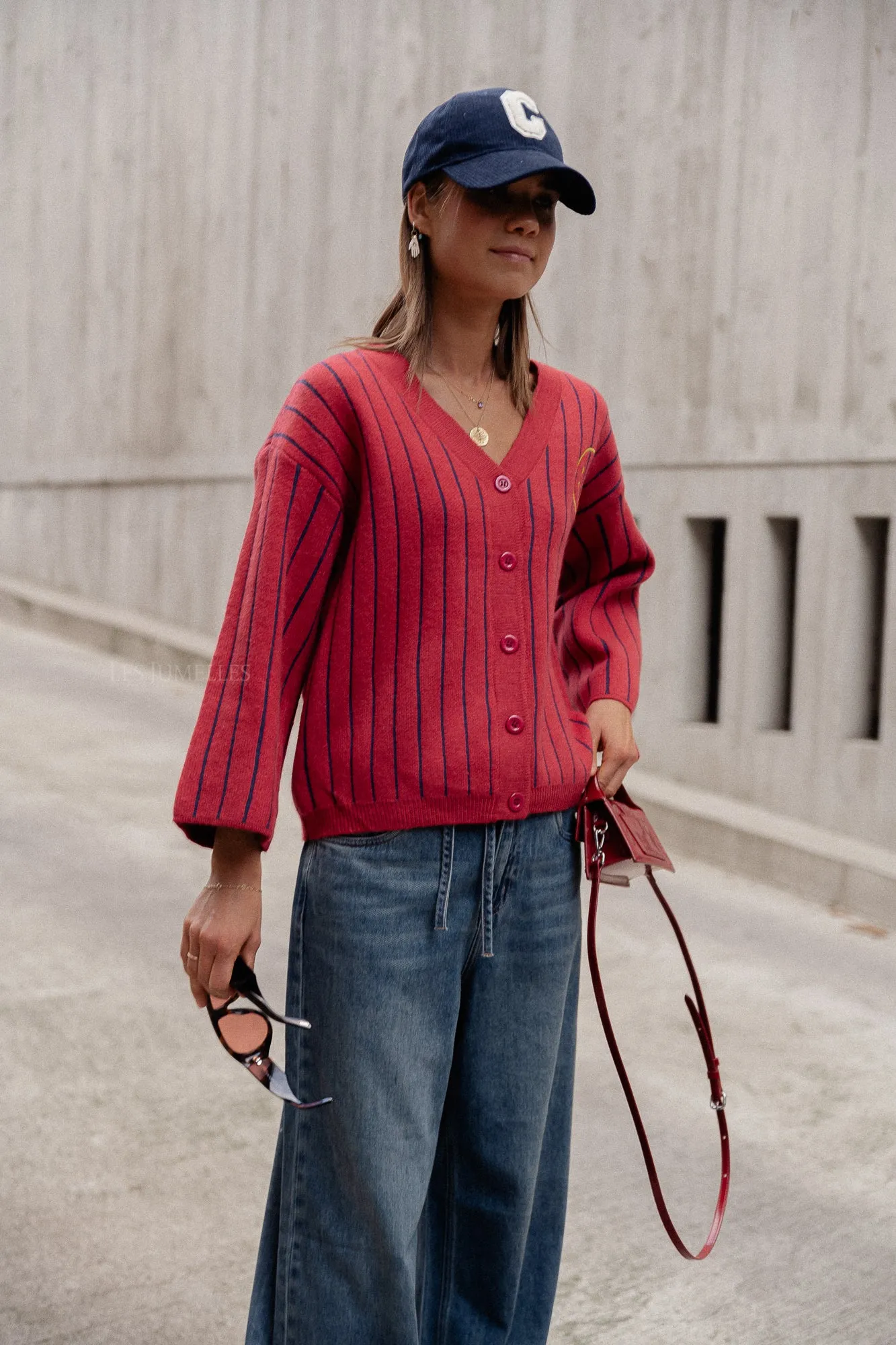 Smiley cardigan red/navy stripes