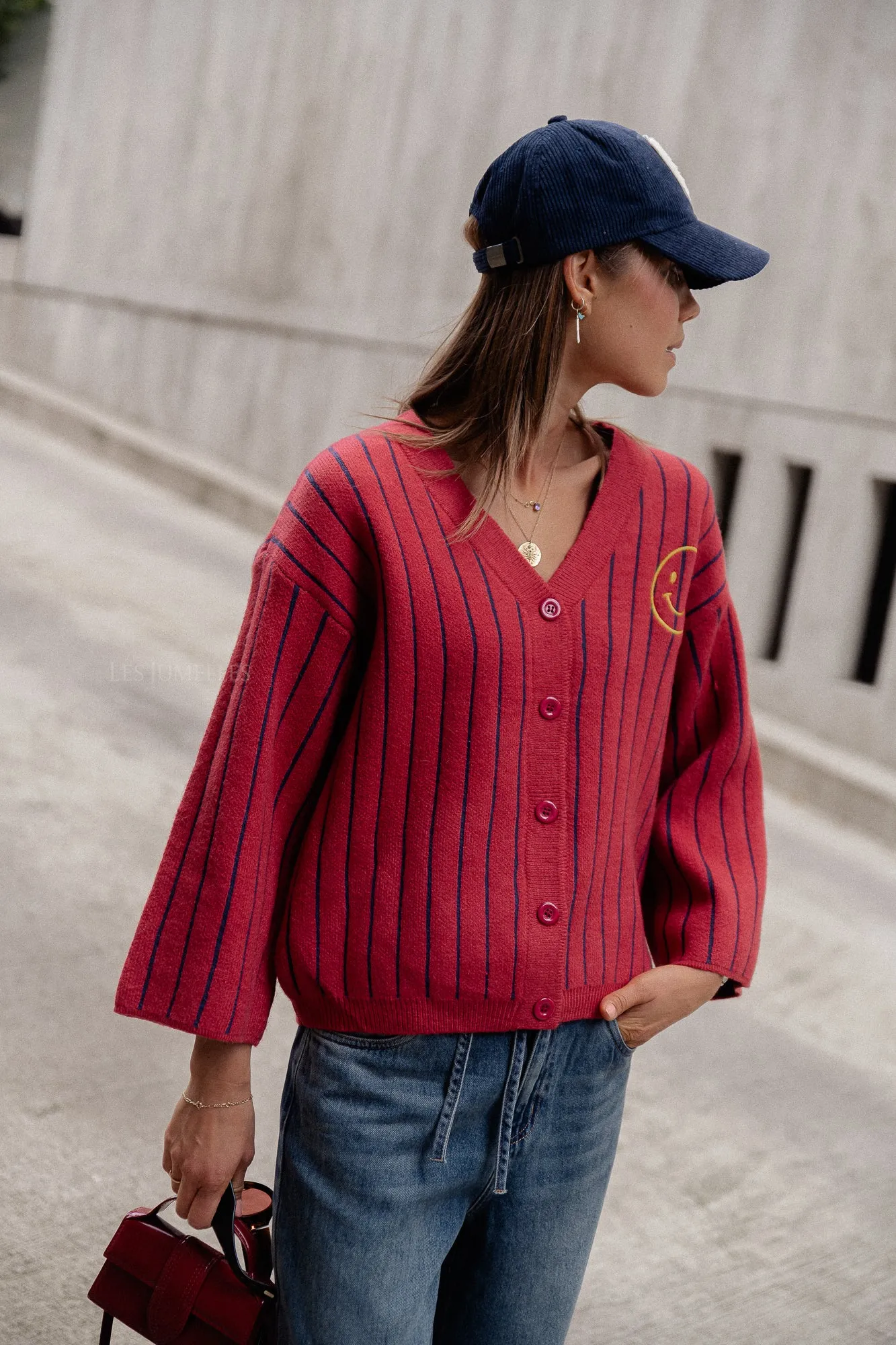 Smiley cardigan red/navy stripes
