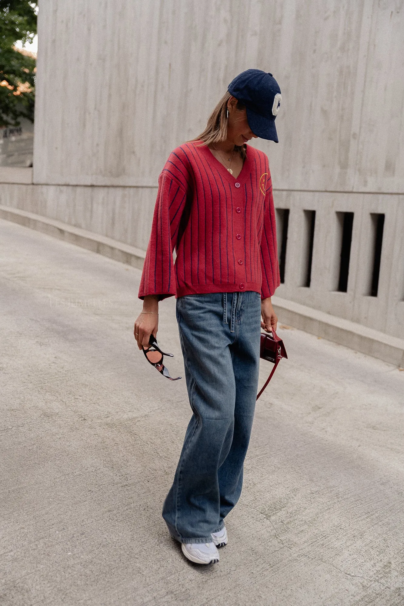 Smiley cardigan red/navy stripes