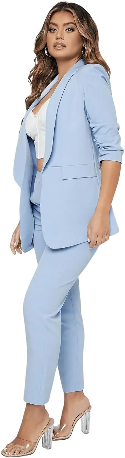 SweatyRocks Women's 2 Piece Solid Ruched Sleeve Blazer and Pants Business Office Suit Set
