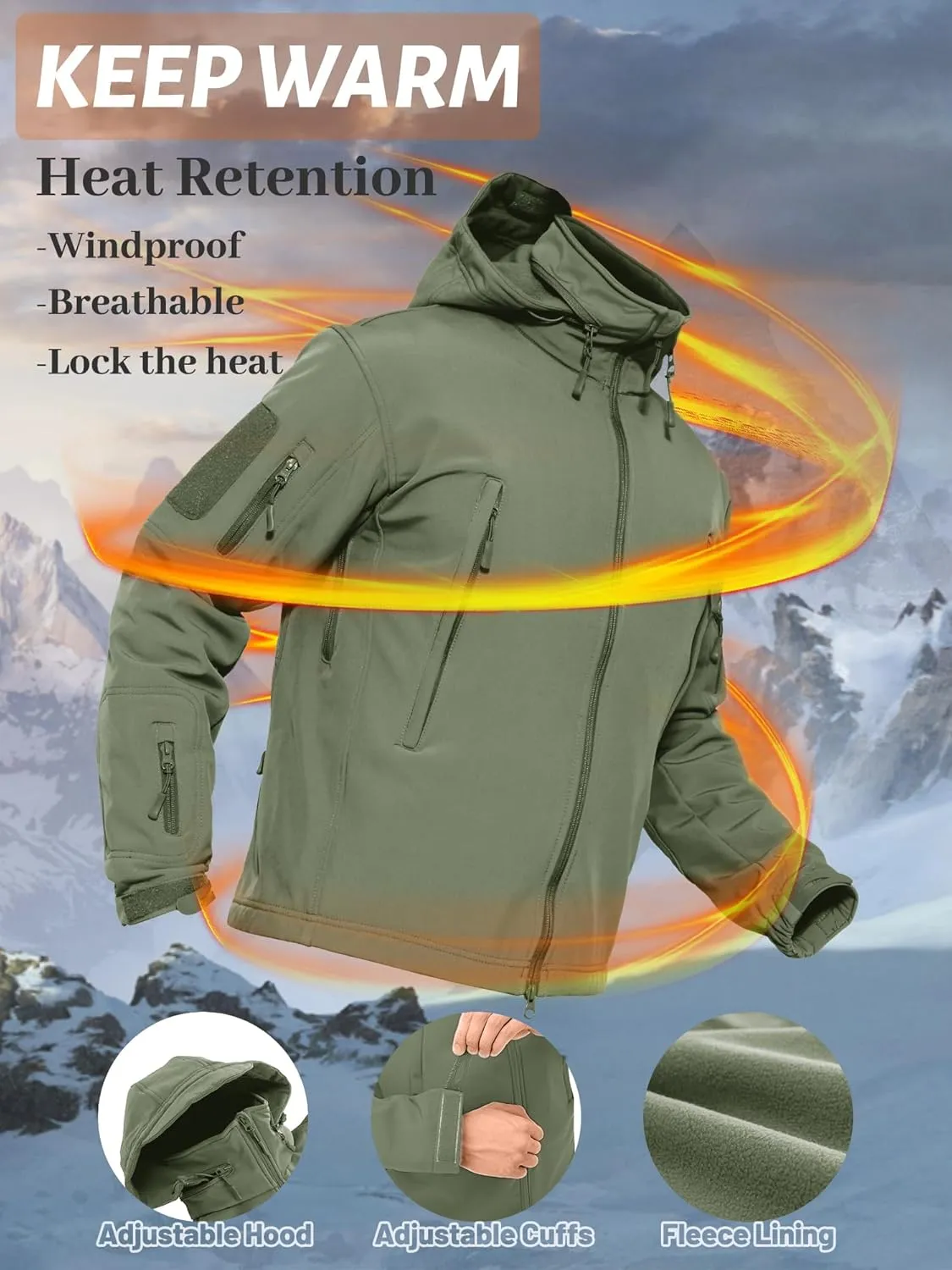 TACVASEN Men's Fleece Lined Tactical Jacket Waterproof Military Hoodie Winter Softshell Jacket Rain Coat Warm Hiking Hunting