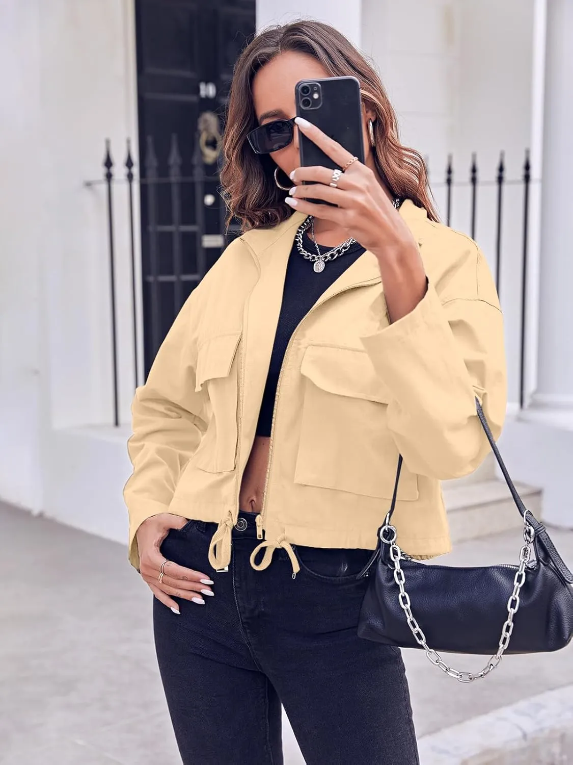 Tankaneo Women Casual Cropped Jackets Zip Up Lightweight Military Safari Short Utility Coat with Pockets