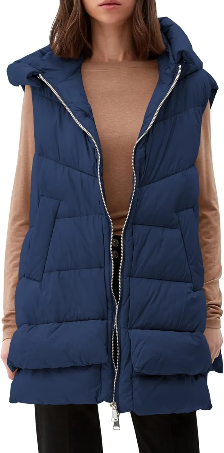 Tankaneo Women Hooded Long Puffer Vest Sleeveless Lightweight Quilted Coat Winter Padded Gilet Jacket with Pocket