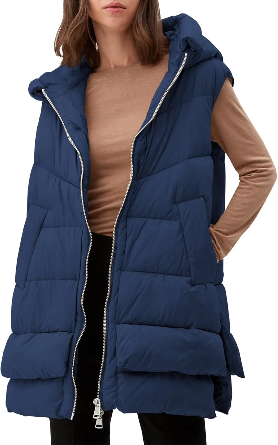 Tankaneo Women Hooded Long Puffer Vest Sleeveless Lightweight Quilted Coat Winter Padded Gilet Jacket with Pocket