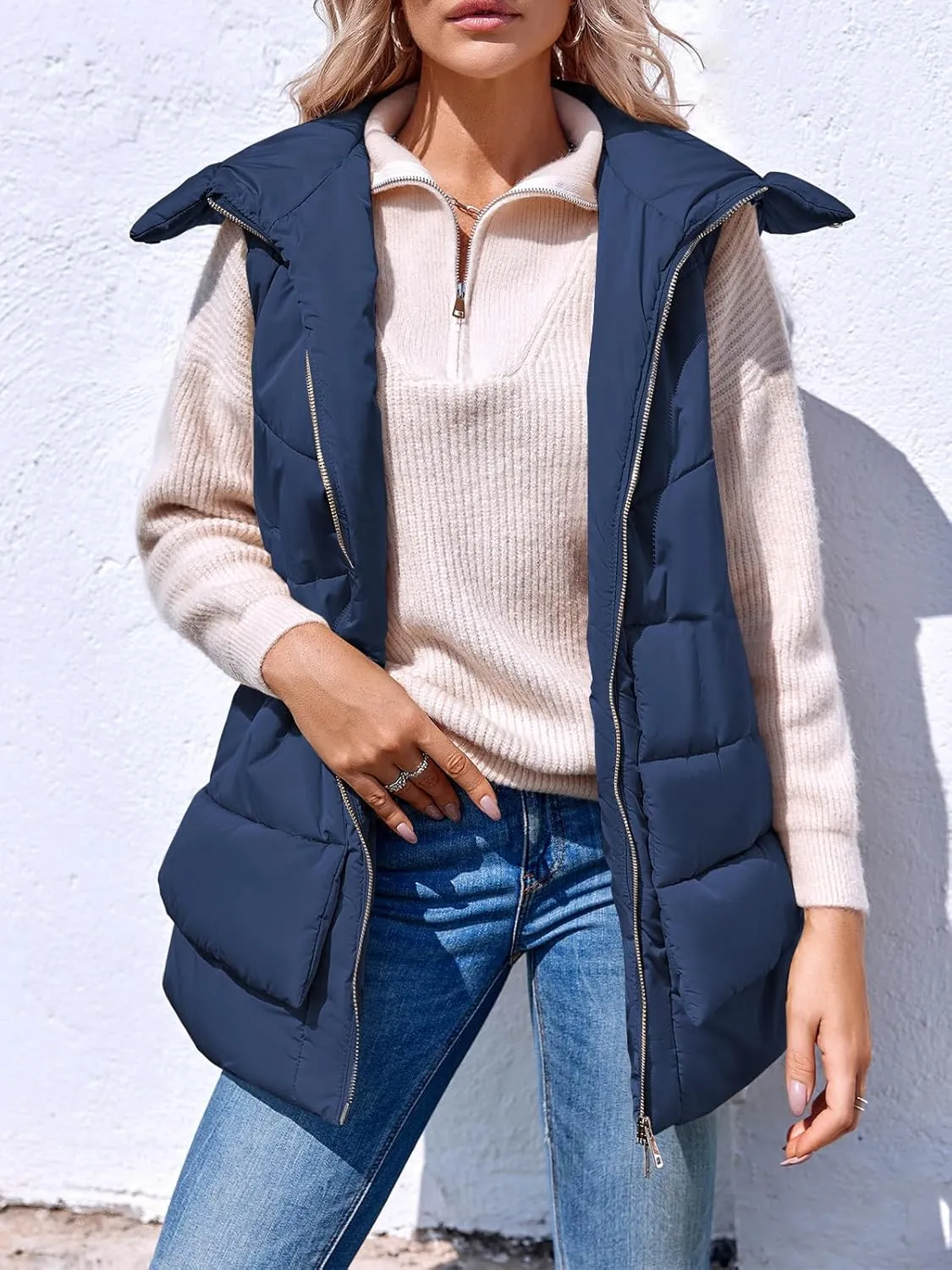 Tankaneo Women Hooded Long Puffer Vest Sleeveless Lightweight Quilted Coat Winter Padded Gilet Jacket with Pocket