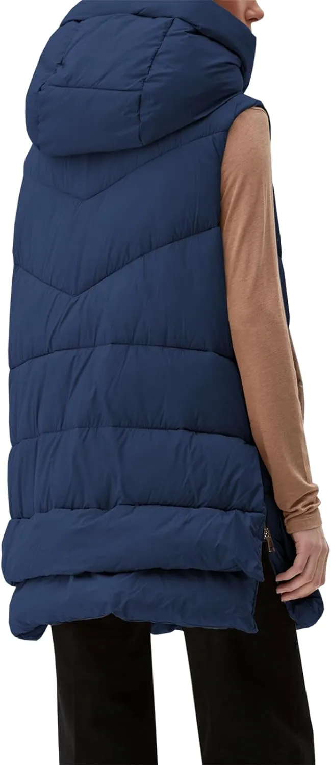 Tankaneo Women Hooded Long Puffer Vest Sleeveless Lightweight Quilted Coat Winter Padded Gilet Jacket with Pocket