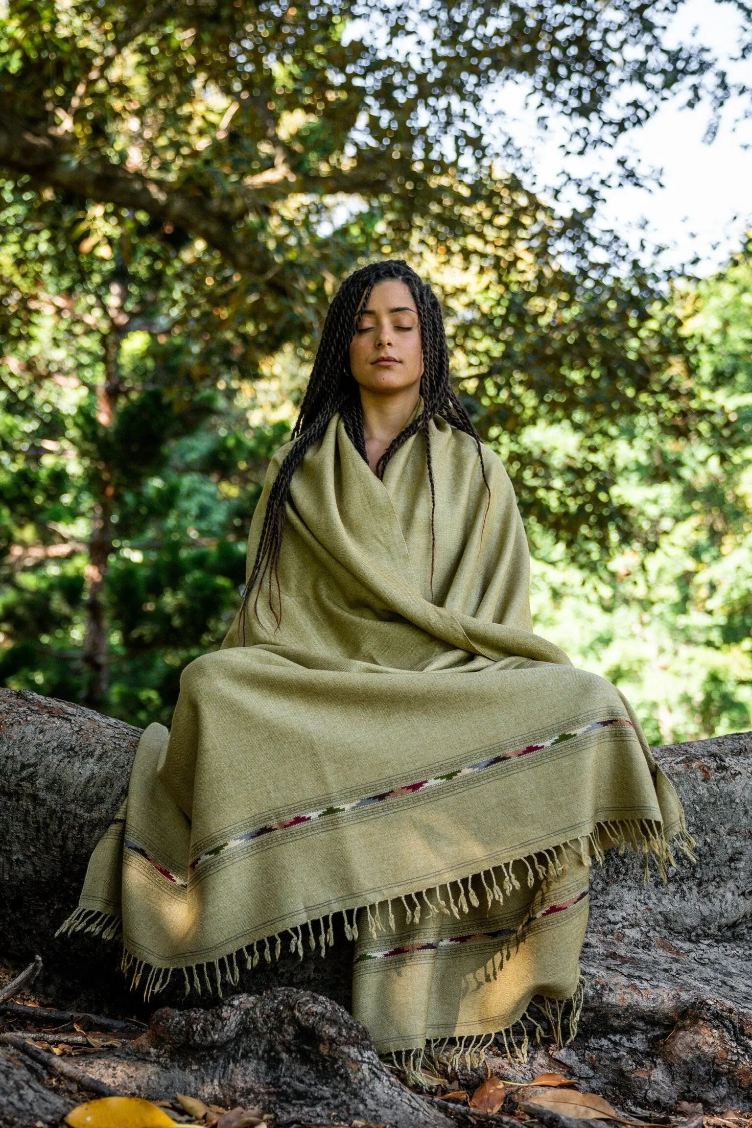 TATHAGATHA White Beige Oversized Meditation Shawl Handwoven Pure Cashmere Wool Embroidered Blanket Handmade Winter Zen Wrap Himalayan AJJAYA