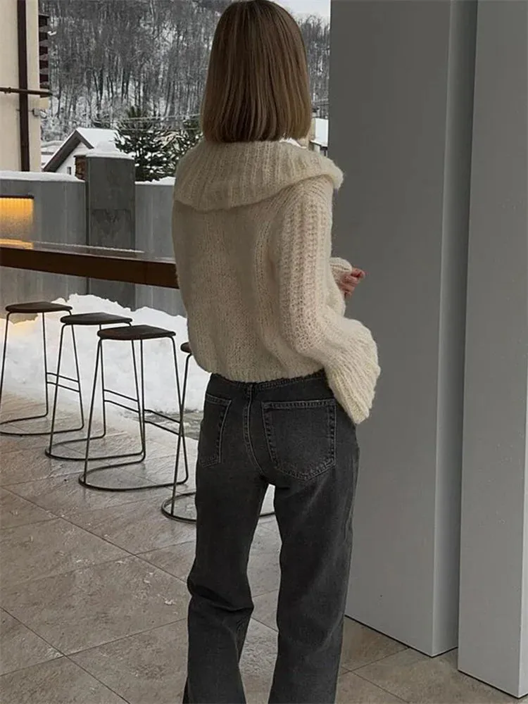 TAVIMART  -  Knit Sweater Cardigan Outwear Women's Lapel Long Sleeve Patchwork High Waist Cropped Top Streetwear Female Knitwear Coat