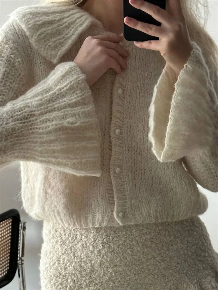 TAVIMART  -  Knit Sweater Cardigan Outwear Women's Lapel Long Sleeve Patchwork High Waist Cropped Top Streetwear Female Knitwear Coat