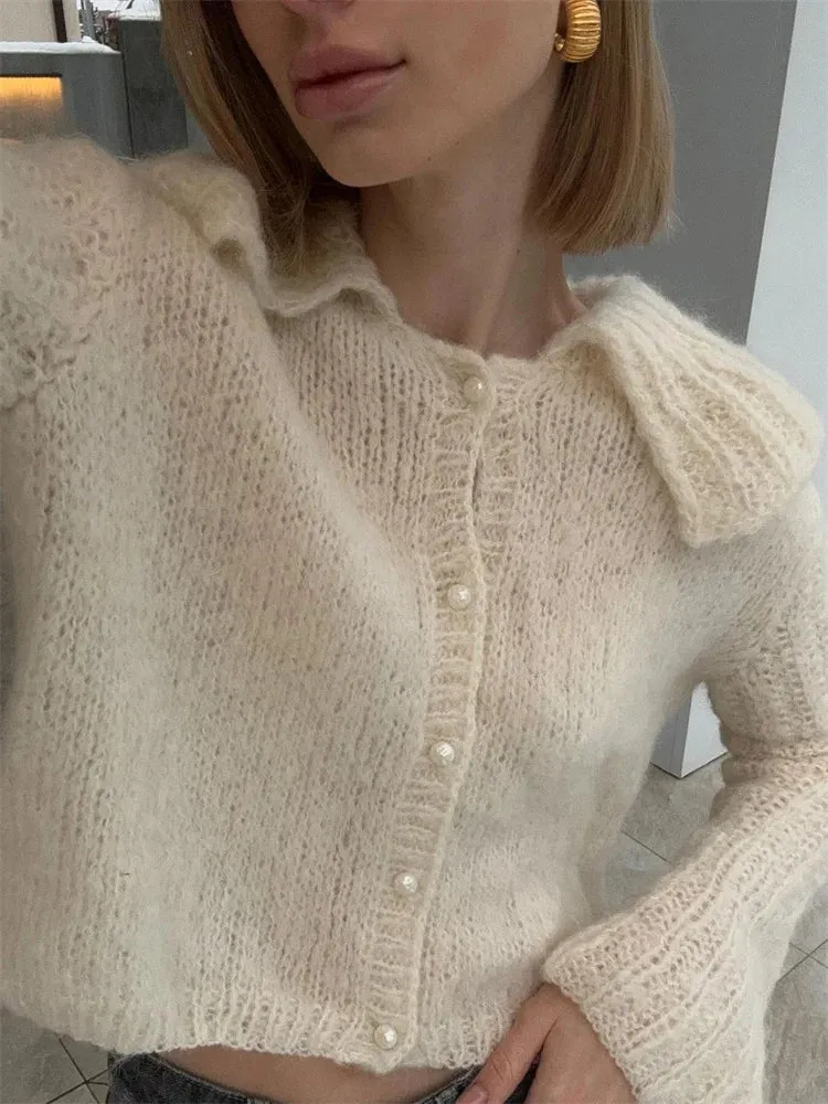 TAVIMART  -  Knit Sweater Cardigan Outwear Women's Lapel Long Sleeve Patchwork High Waist Cropped Top Streetwear Female Knitwear Coat