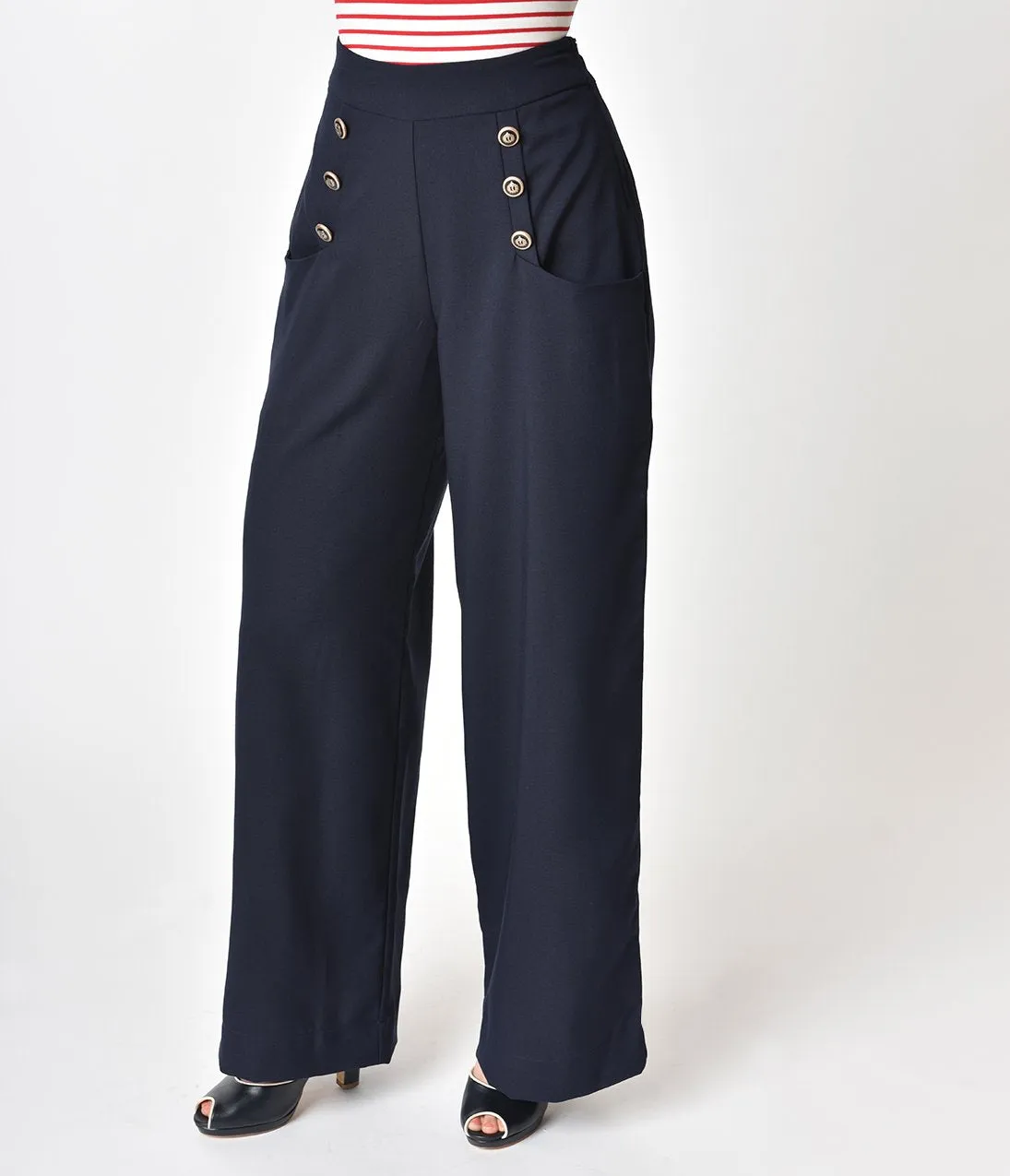 Unique Vintage 1940s Style Midnight Blue High Waist Sailor Ginger Pants