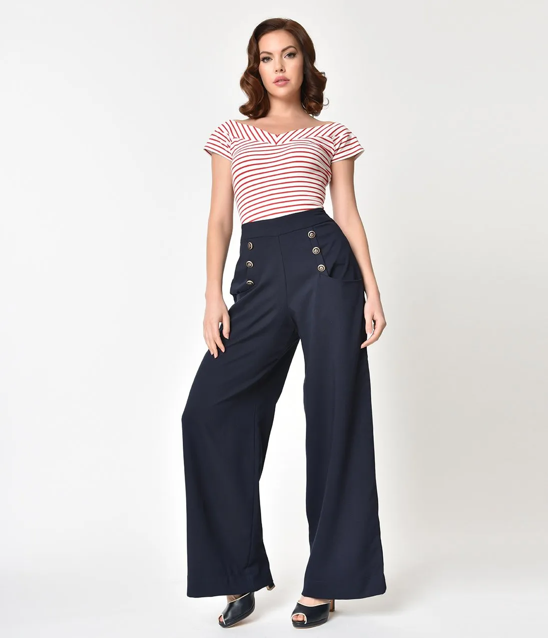 Unique Vintage 1940s Style Midnight Blue High Waist Sailor Ginger Pants