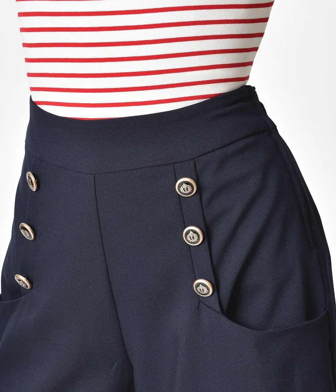 Unique Vintage 1940s Style Midnight Blue High Waist Sailor Ginger Pants