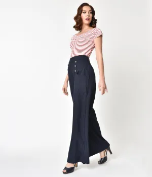 Unique Vintage 1940s Style Midnight Blue High Waist Sailor Ginger Pants