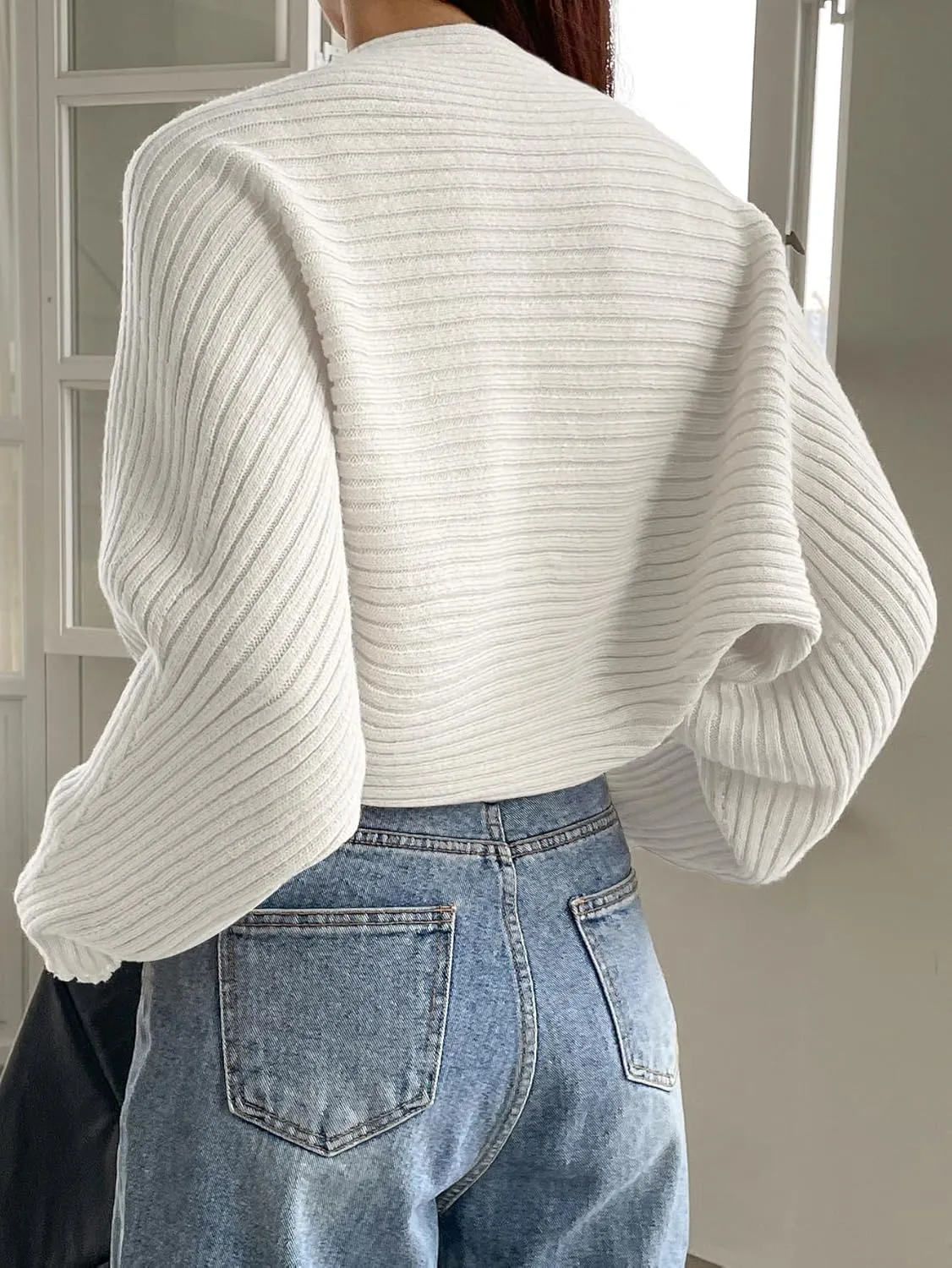 Verdusa Women's Long Sleeve Open Front Knitted Crop Cardigan Sweater Shrug