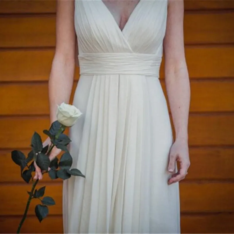 Vintage Backless V Neck Sleeveless Greek Chiffon Ruched Sweep Train Wedding Dress