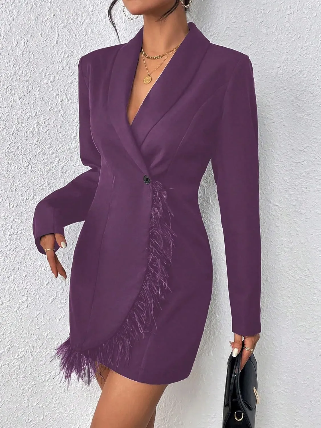 WDIRARA Women's Fuzzy Trim Wrap Button Front Long Sleeve Shawl Collar Blazer Dress