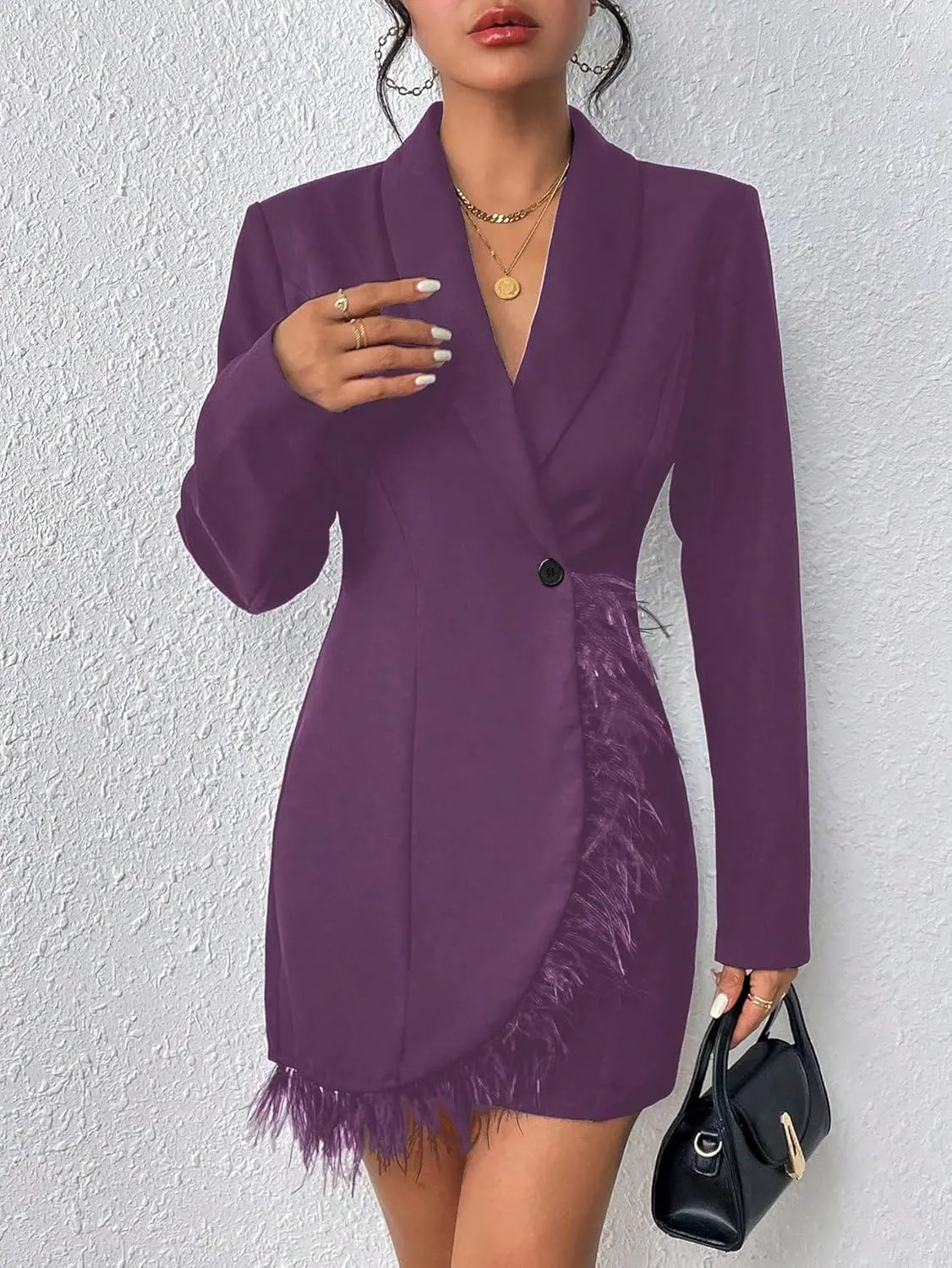 WDIRARA Women's Fuzzy Trim Wrap Button Front Long Sleeve Shawl Collar Blazer Dress