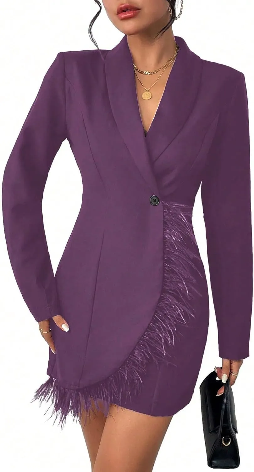WDIRARA Women's Fuzzy Trim Wrap Button Front Long Sleeve Shawl Collar Blazer Dress