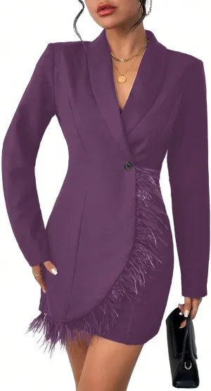 WDIRARA Women's Fuzzy Trim Wrap Button Front Long Sleeve Shawl Collar Blazer Dress
