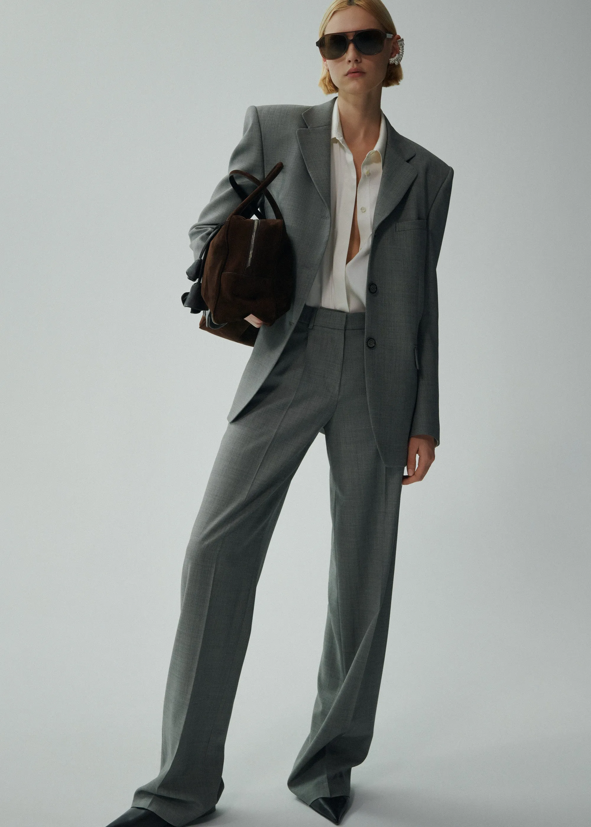 Wide leg tailored wool pants in grey
